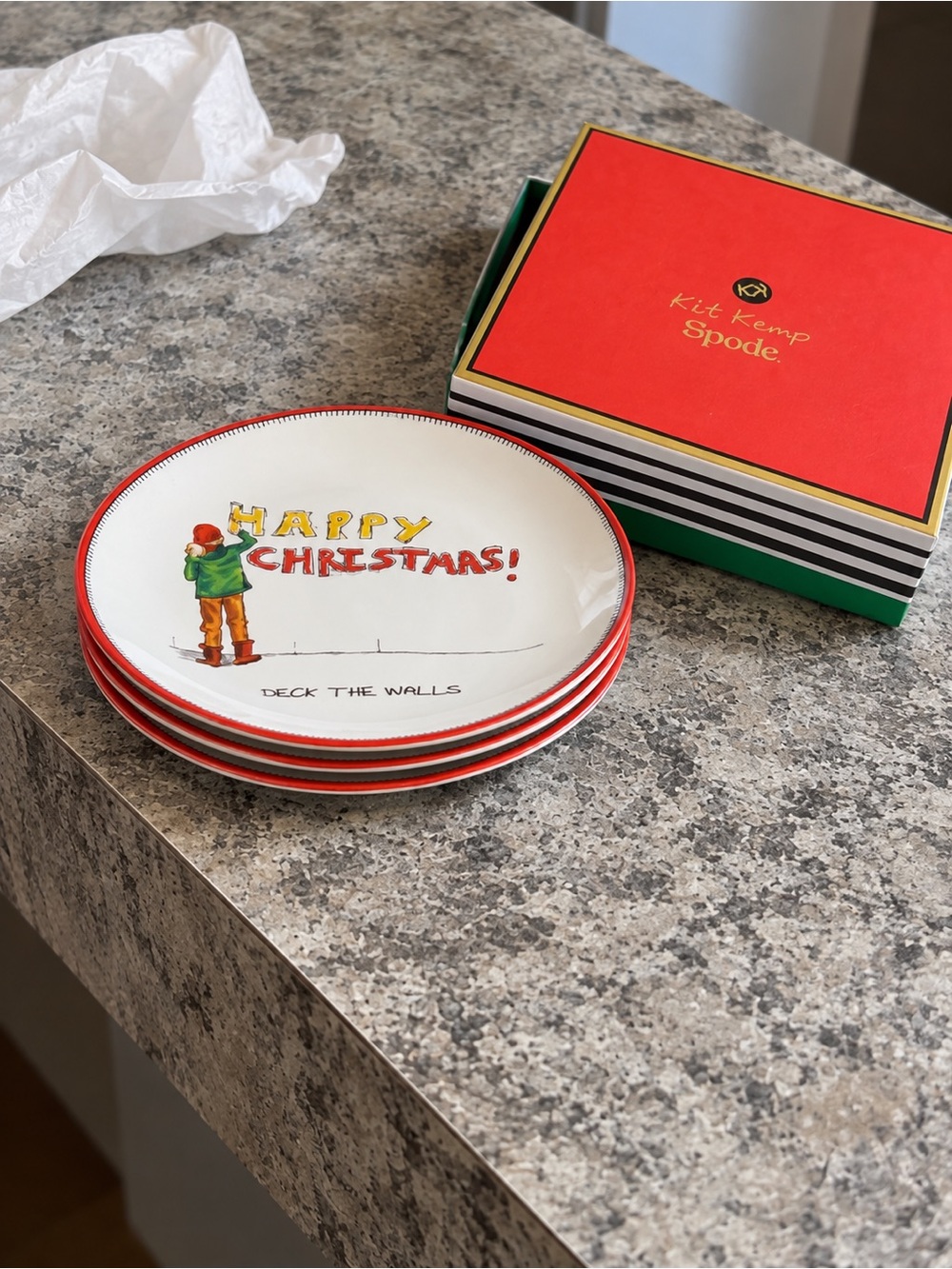 Spode White Dessert Plates with Red Trim and Festive Illustration